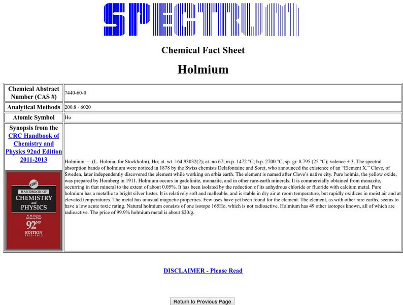 Florida Spectrum: Chemical Fact Sheet: Holmium Handout