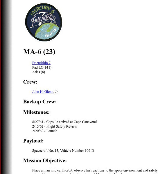 Nasa: Mercury 6 Handout Nasa: Mercury 6 Handout