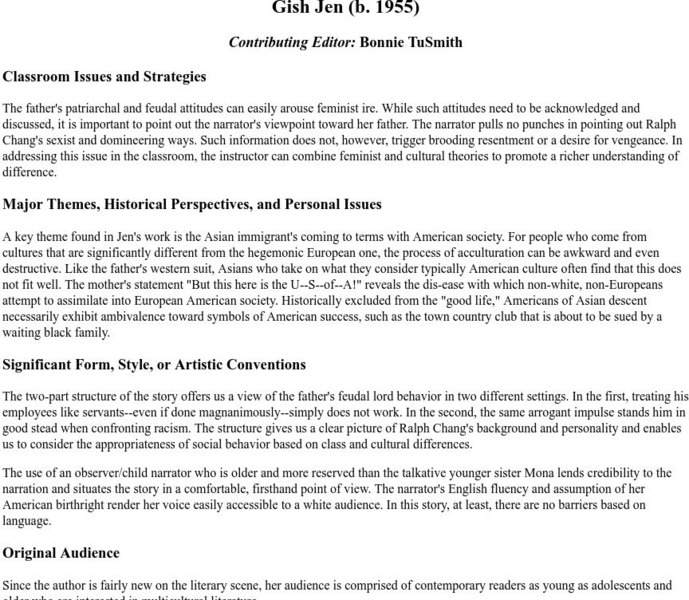 Gish Jen (B. 1955) Unit Plan Gish Jen (B. 1955) Unit Plan