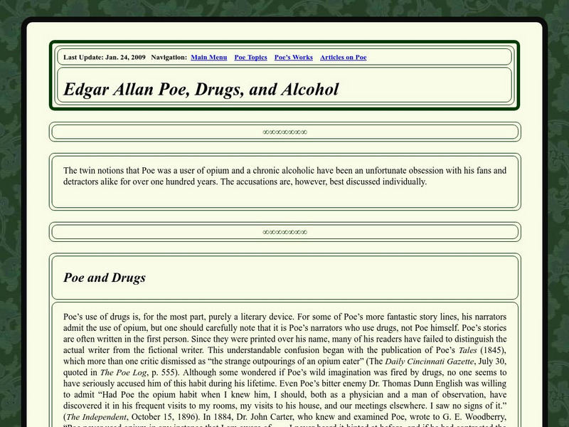 Edgar Allan Poe Society of Baltimore: Edgar Allan Poe, Drugs, and Alcohol Unit Plan Edgar Allan Poe Society of Baltimore: Edgar Allan Poe, Drugs, and Alcohol Unit Plan