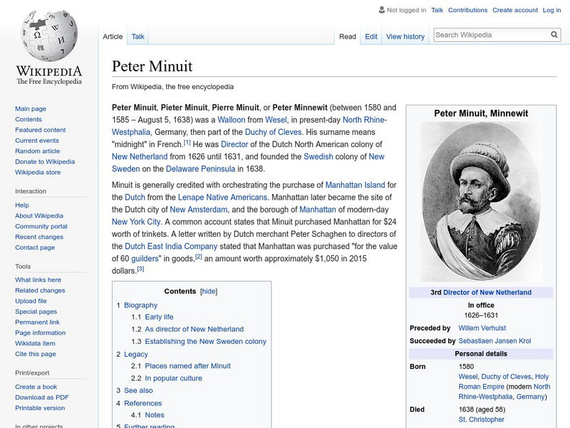 Wikipedia: Peter Minuit Handout Wikipedia: Peter Minuit Handout