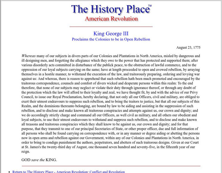 The History Place:king George Iii Proclaims the Colonies to Be in Open Rebellion Primary The History Place:king George Iii Proclaims the Colonies to Be in Open Rebellion Primary