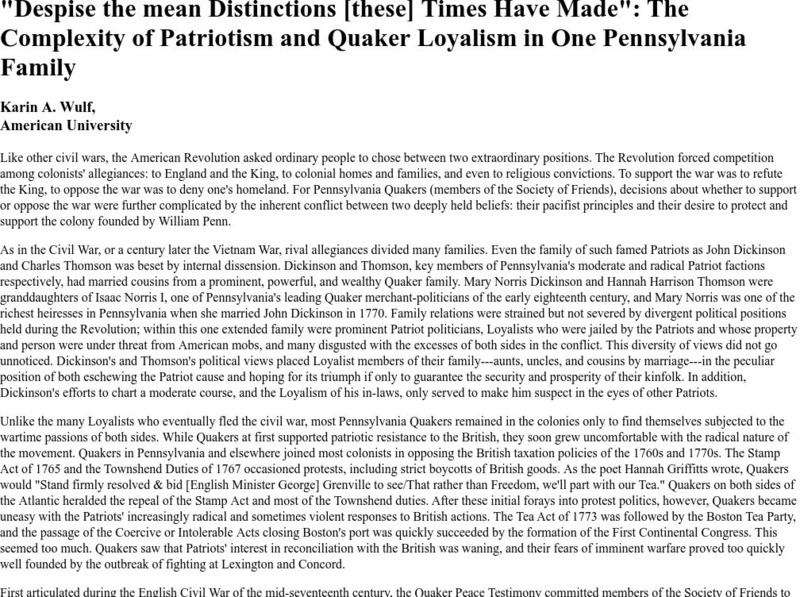 Michigan State University: American Revolution: Patriotism/quaker Loyalism in a Pennsylvania Family Article Michigan State University: American Revolution: Patriotism/quaker Loyalism in a Pennsylvania Family Article