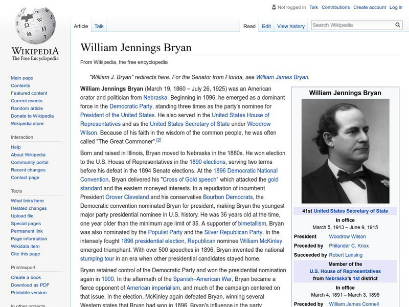 Wikipedia: William Jennings Bryan Handout Wikipedia: William Jennings Bryan Handout