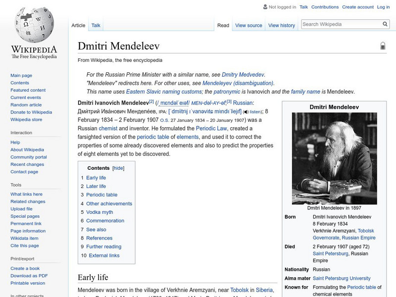 Wikipedia: Dmitri Mendeleev Handout Wikipedia: Dmitri Mendeleev Handout