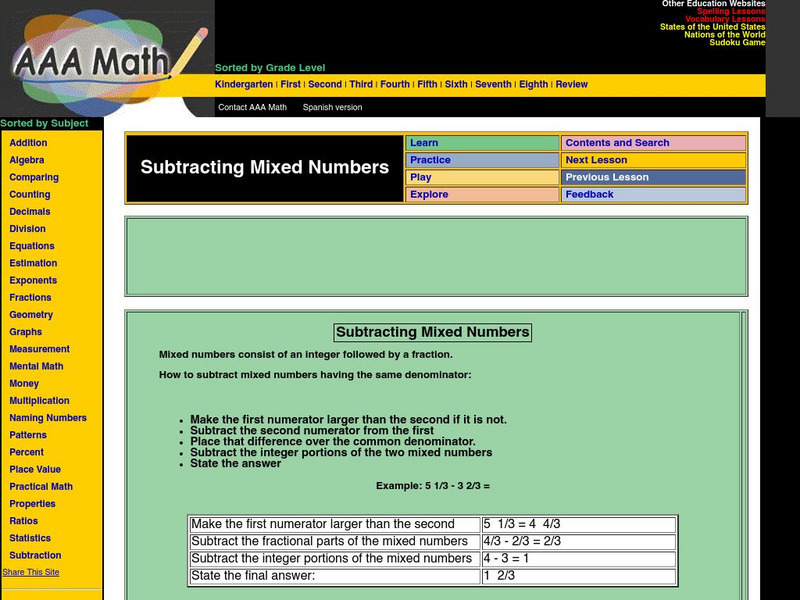 Aaa Math: Subtracting Mixed Numbers Unit Plan Aaa Math: Subtracting Mixed Numbers Unit Plan