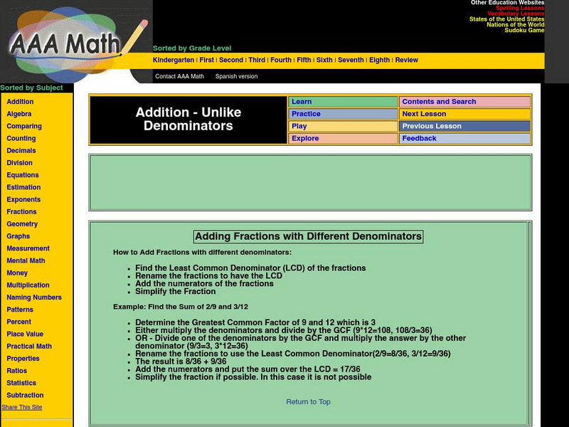 Aaa Math: Adding Fractions With Different Denominators Unit Plan