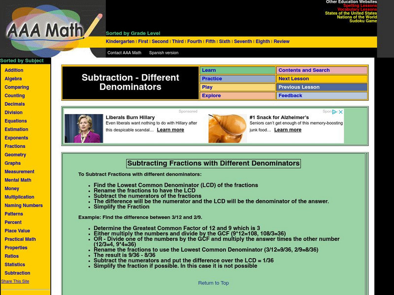 Aaa Math: Subtracting Fractions With Different Denominators Unit Plan Aaa Math: Subtracting Fractions With Different Denominators Unit Plan