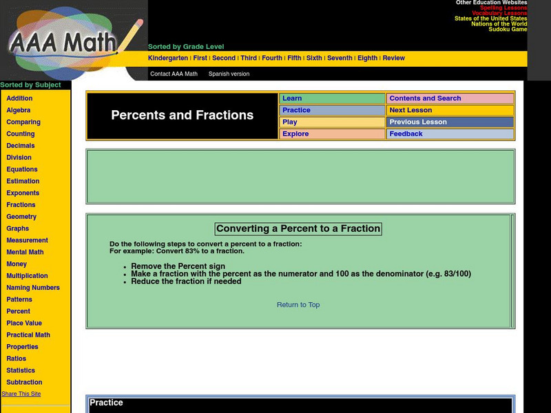 Aaa Math: Converting a Percent to a Fraction Activity Aaa Math: Converting a Percent to a Fraction Activity