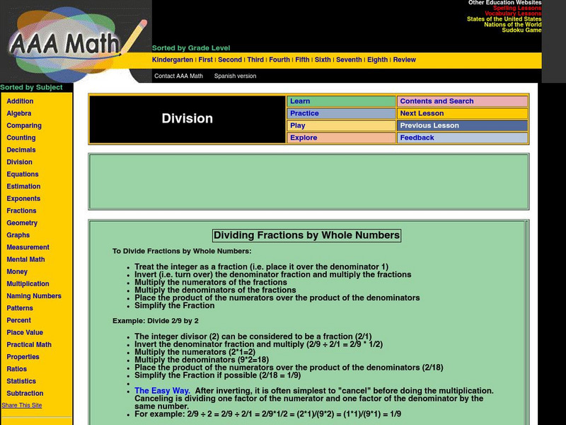 Aaa Math: Dividing Fractions by Integers Handout Aaa Math: Dividing Fractions by Integers Handout
