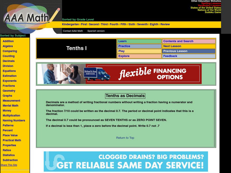 Aaa Math: Tenths as Decimals Unit Plan Aaa Math: Tenths as Decimals Unit Plan
