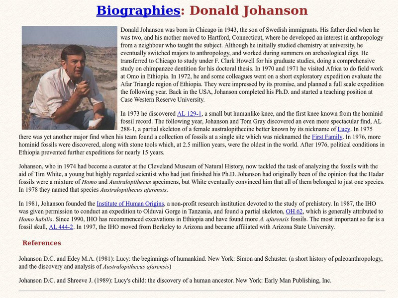 Talkorigins: Biography: Donald Johanson Handout Talkorigins: Biography: Donald Johanson Handout