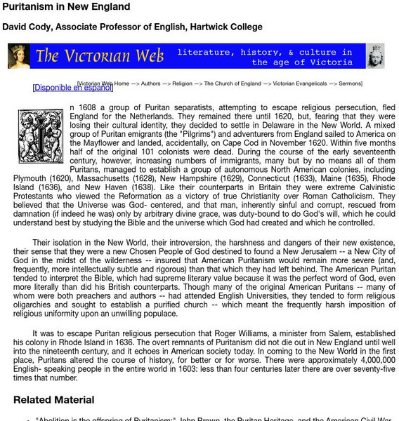 Brown University: Victorian Web: Puritanism in New England Handout Brown University: Victorian Web: Puritanism in New England Handout