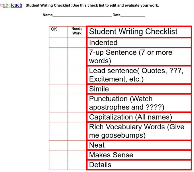 Abcteach: Student Writing Checklist Graphic Abcteach: Student Writing Checklist Graphic