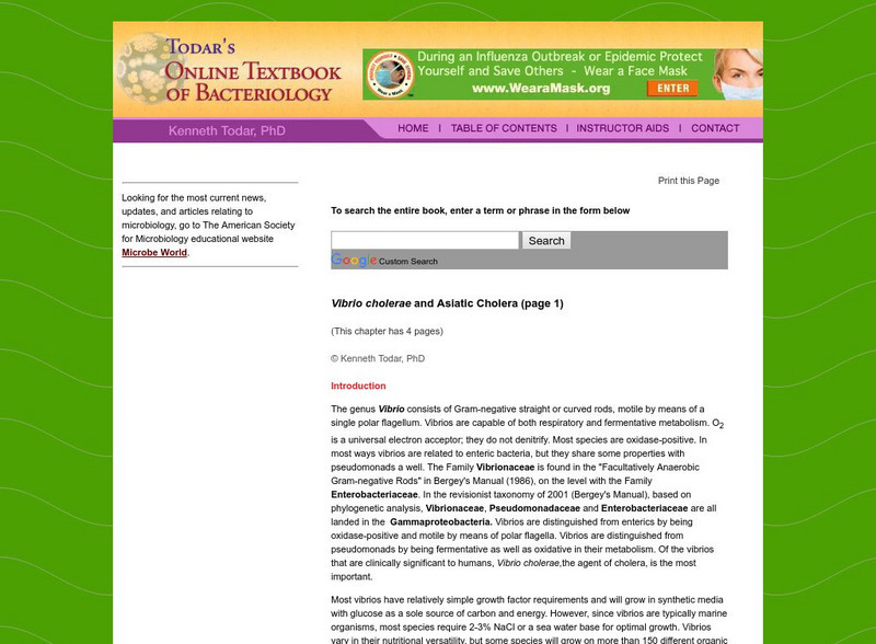 Todar's Online Textbook of Bacteriology: Vibrio Cholerae and Asiatic Cholera Handout Todar's Online Textbook of Bacteriology: Vibrio Cholerae and Asiatic Cholera Handout