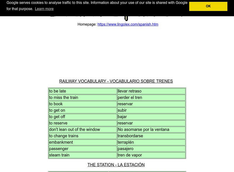 Lingolex.com: Learn Spanish: Railway Vocabulary Vocabulario Sobre Trenes Handout Lingolex.com: Learn Spanish: Railway Vocabulary Vocabulario Sobre Trenes Handout