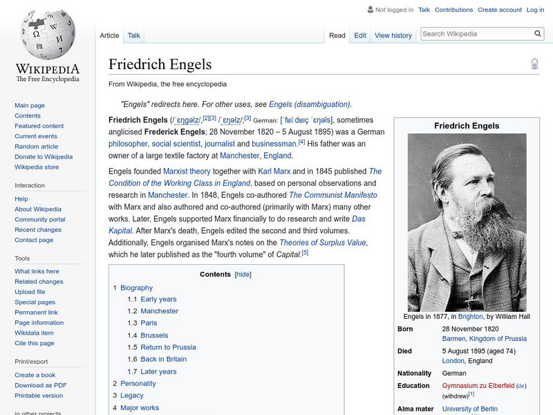 Wikipedia: Friedrich Engels Handout Wikipedia: Friedrich Engels Handout