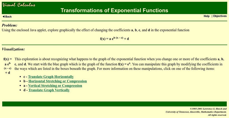 Math Archives: Visual Calculus: Transformation of Exponential Functions Activity Math Archives: Visual Calculus: Transformation of Exponential Functions Activity