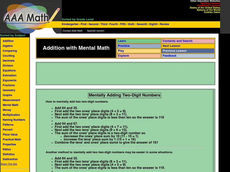 Aaa Math: Mentally Adding Two Digit Numbers Activity
