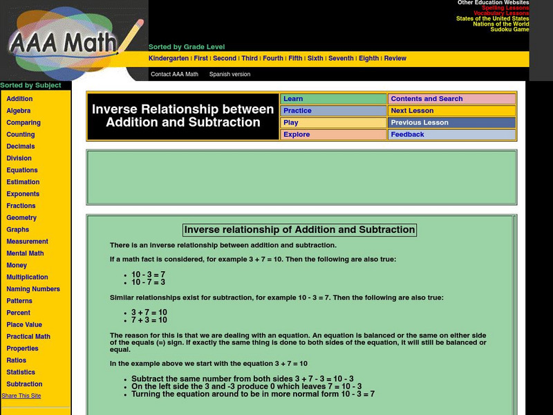Aaa Math: Inverse Relationship of Addition and Subtraction Unit Plan Aaa Math: Inverse Relationship of Addition and Subtraction Unit Plan