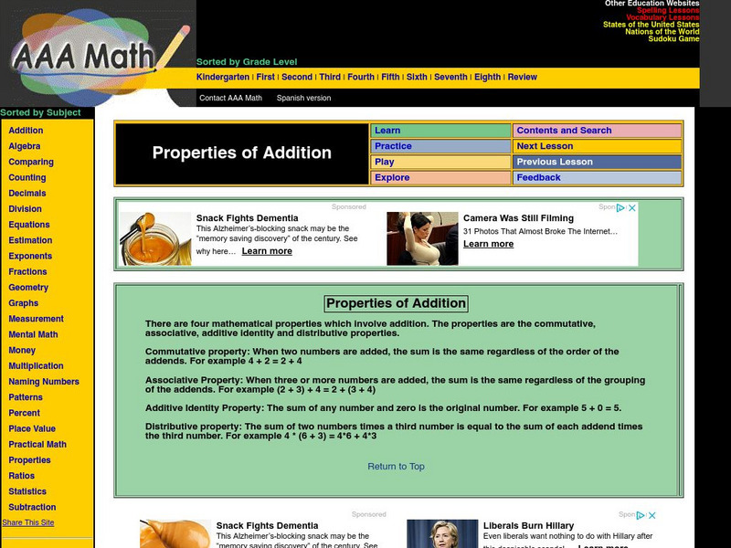 Aaa Math: Properties of Addition Activity Aaa Math: Properties of Addition Activity