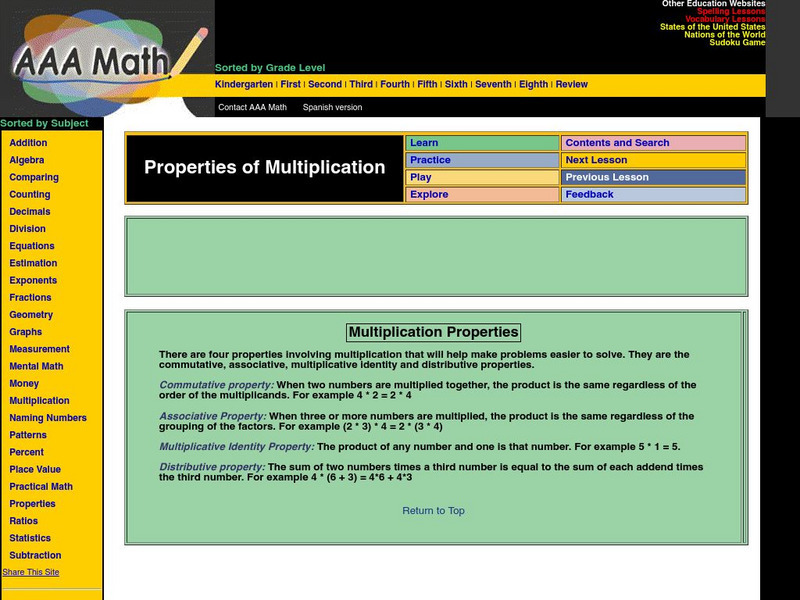 Aaa Math: Multiplication Properties Activity Aaa Math: Multiplication Properties Activity