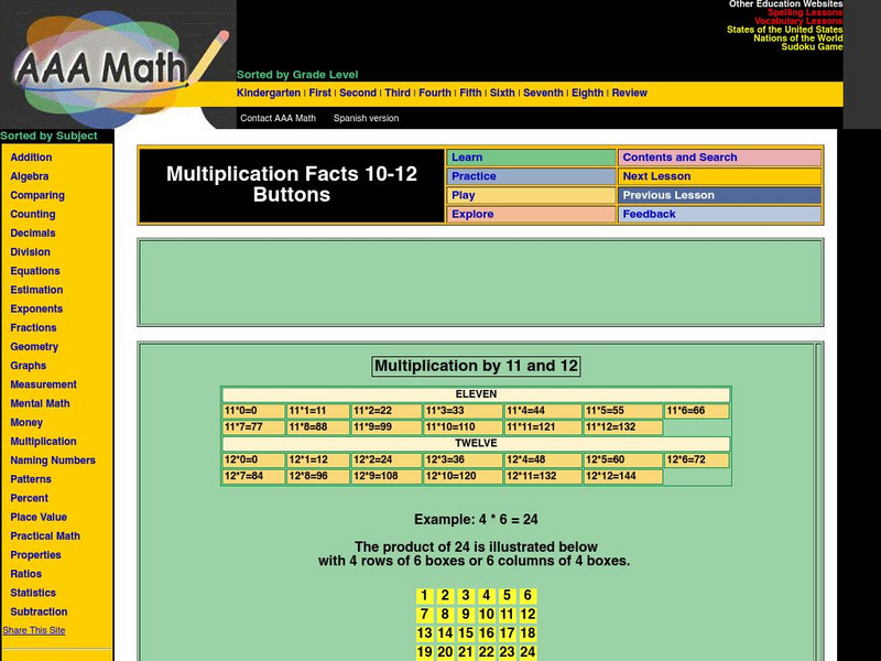 Aaa Math: Multiplication Facts for Ten to Twelve Activity Aaa Math: Multiplication Facts for Ten to Twelve Activity
