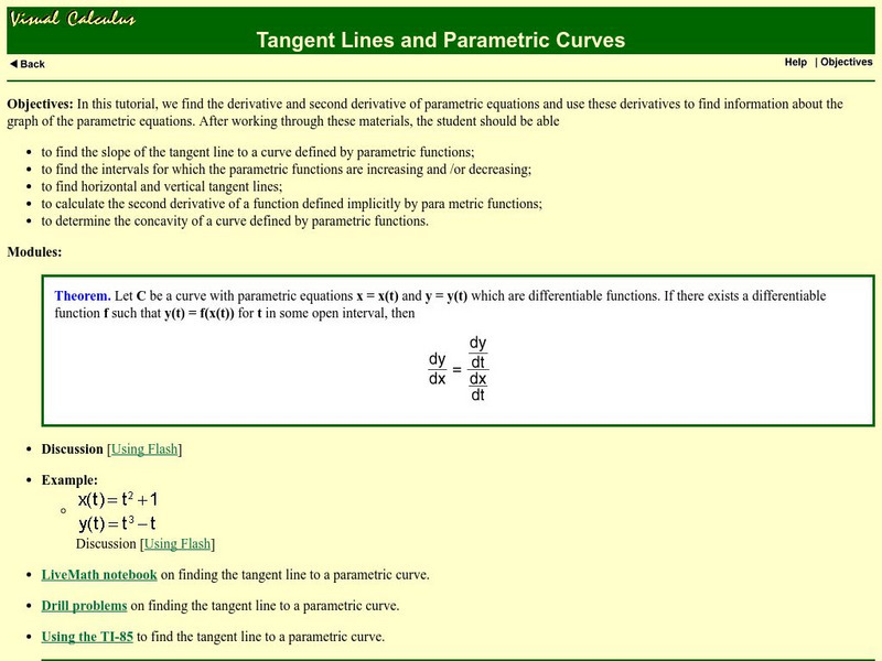 Math Archives: Visual Calculus: Tangent Lines and Parametric Curves Activity