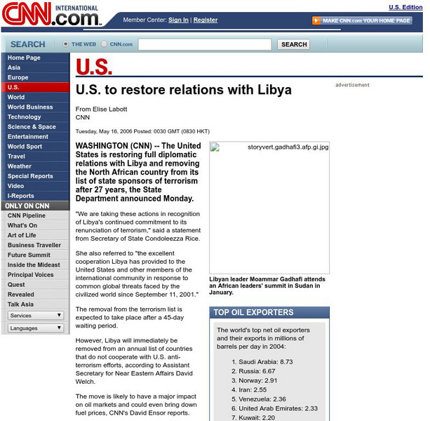 Cnn: u.s. To Restore Relations With Libya (2006) Website Cnn: u.s. To Restore Relations With Libya (2006) Website