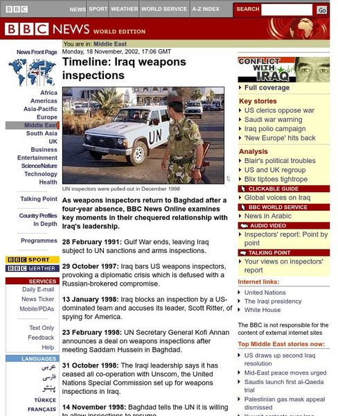 Bbc: Timeline: Iraq Weapons Inspections Handout Bbc: Timeline: Iraq Weapons Inspections Handout