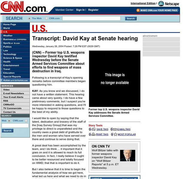 Cnn: Transcript: David Kay at Senate Hearing Primary Cnn: Transcript: David Kay at Senate Hearing Primary