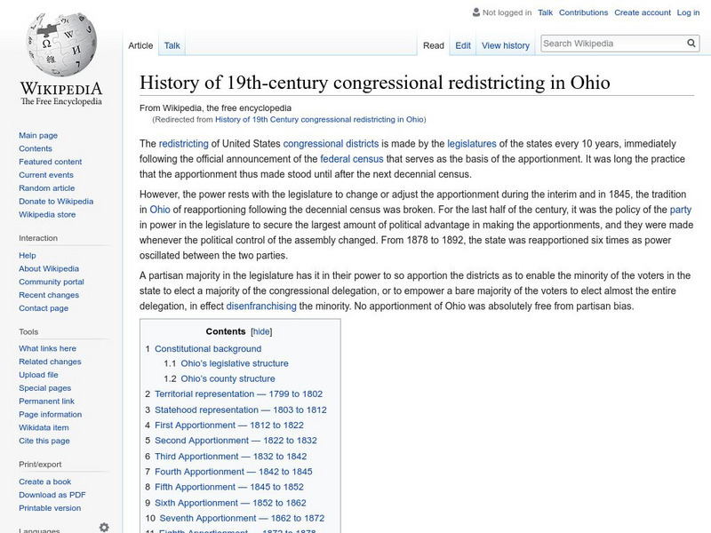 Wikipedia: History of 19th Century Congressional Redistricting in Ohio Handout