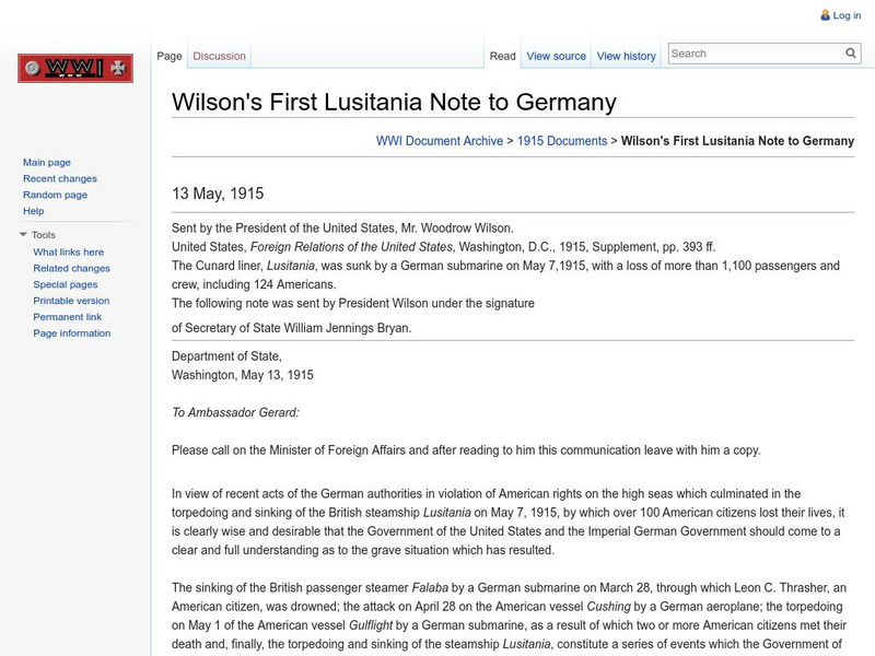 Byu: Wwi Archive: Wilson's First Lusitania Note to Germany: May 13, 1915 Primary Byu: Wwi Archive: Wilson's First Lusitania Note to Germany: May 13, 1915 Primary