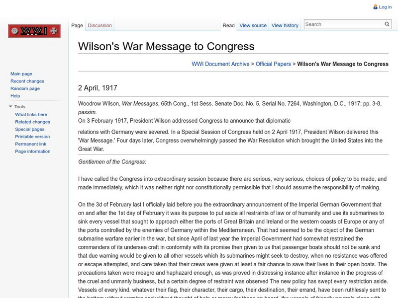 Byu Wwi Document Archive President Woodrow Wilson's War Message