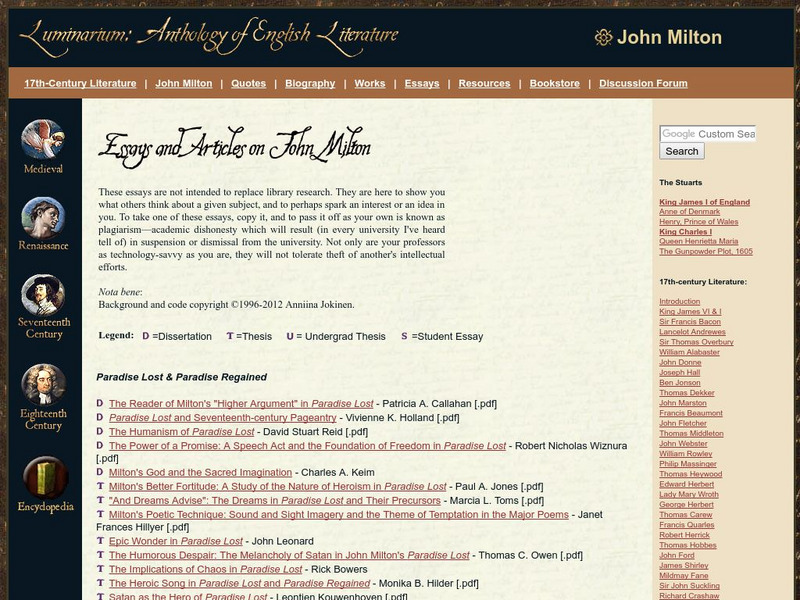 Luminarium: Essays and Articles: On John Milton Website
