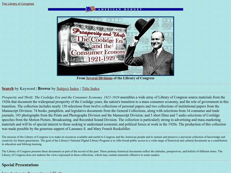 Loc: American Memory: The Coolidge Era & Consumer Economy Handout Loc: American Memory: The Coolidge Era & Consumer Economy Handout