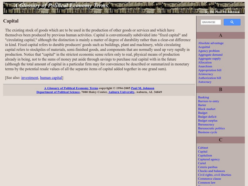 Auburn University: Glossary of Political Economy Terms: Capital Handout Auburn University: Glossary of Political Economy Terms: Capital Handout