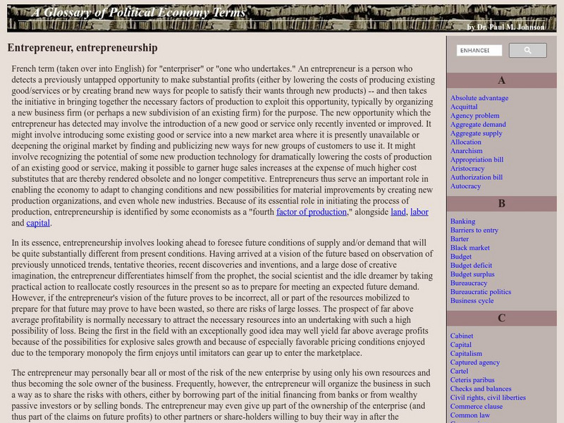 Auburn University: Glossary of Political Economy: Entrepreneur, Entrepreneurship Handout Auburn University: Glossary of Political Economy: Entrepreneur, Entrepreneurship Handout