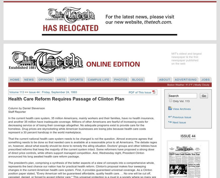 Mit: The Tech: Health Care Reform Requires Passage of Clinton Plan Article