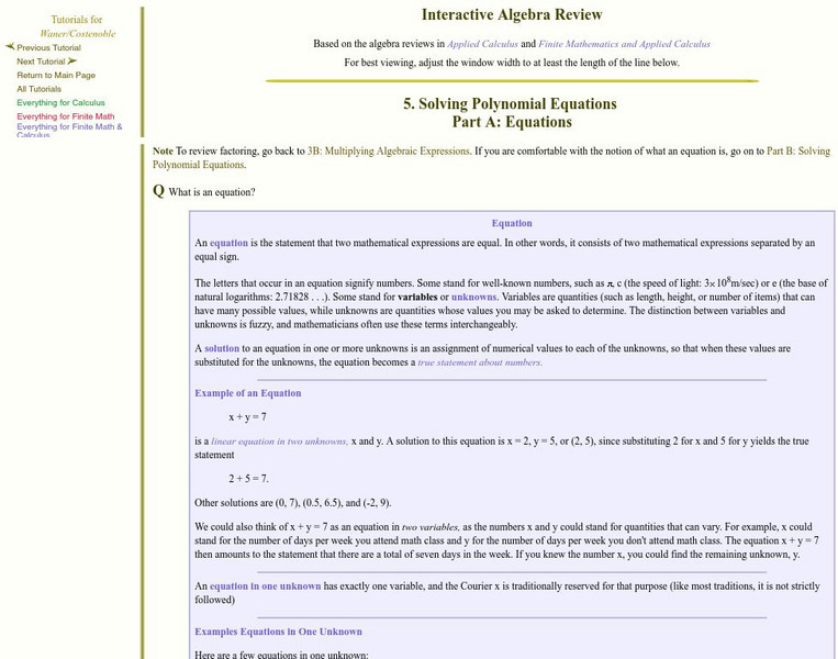 Finite Mathematics & Applied Calculus: Equations Unit Plan Finite Mathematics & Applied Calculus: Equations Unit Plan