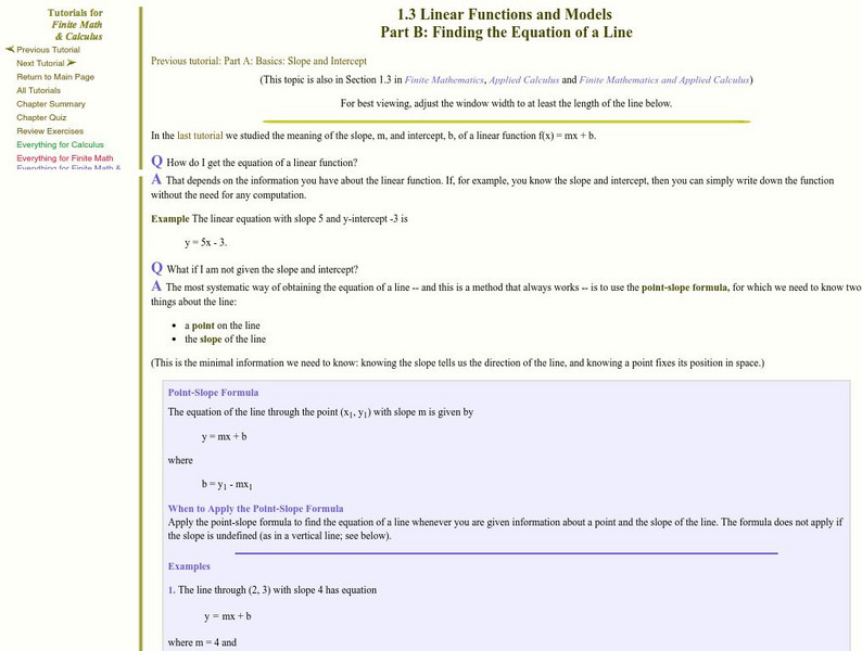 Finite Mathematics & Applied Calculus: Equation of a Line Activity Finite Mathematics & Applied Calculus: Equation of a Line Activity