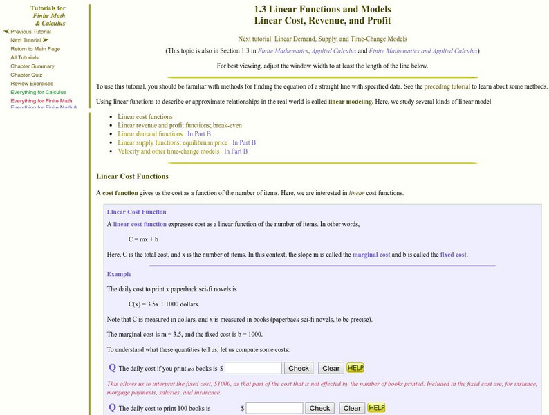 Finite Mathematics & Applied Calculus: Linear Cost, Revenue, and Profit Activity Finite Mathematics & Applied Calculus: Linear Cost, Revenue, and Profit Activity