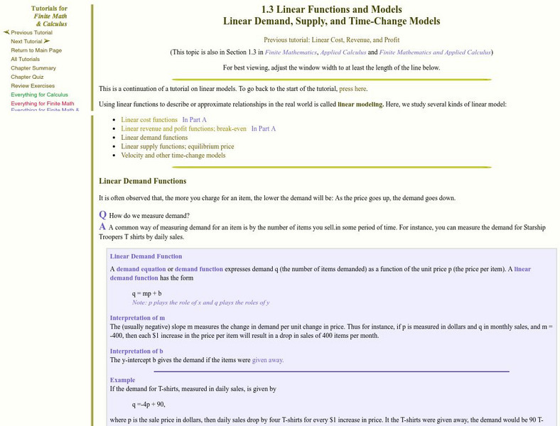 Finite Mathematics & Applied Calculus: Linear Demand, Supply, and Time Change Models Activity Finite Mathematics & Applied Calculus: Linear Demand, Supply, and Time Change Models Activity