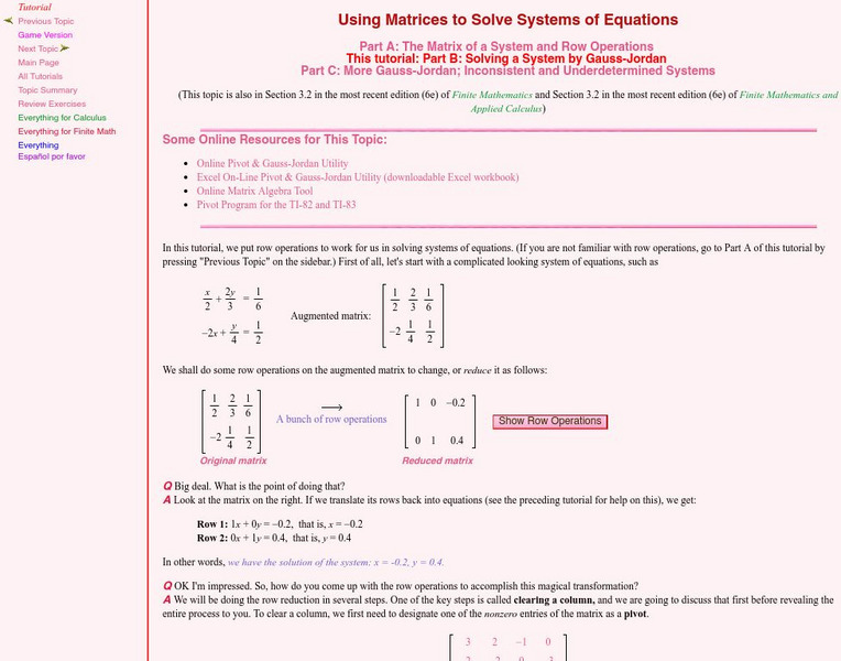 Finite Mathematics & Applied Calculus: Solving a System by Gauss Jordan Activity Finite Mathematics & Applied Calculus: Solving a System by Gauss Jordan Activity