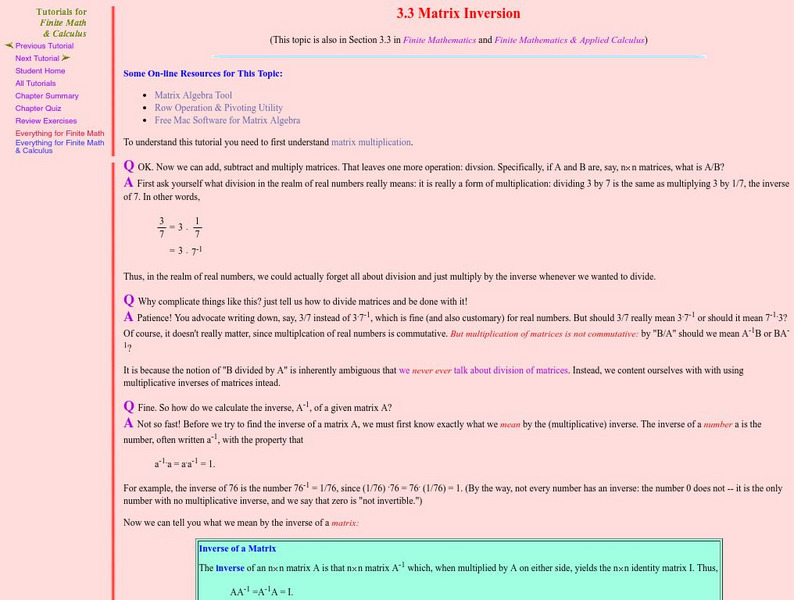 Finite Mathematics & Applied Calculus: Matrix Inversion Activity Finite Mathematics & Applied Calculus: Matrix Inversion Activity