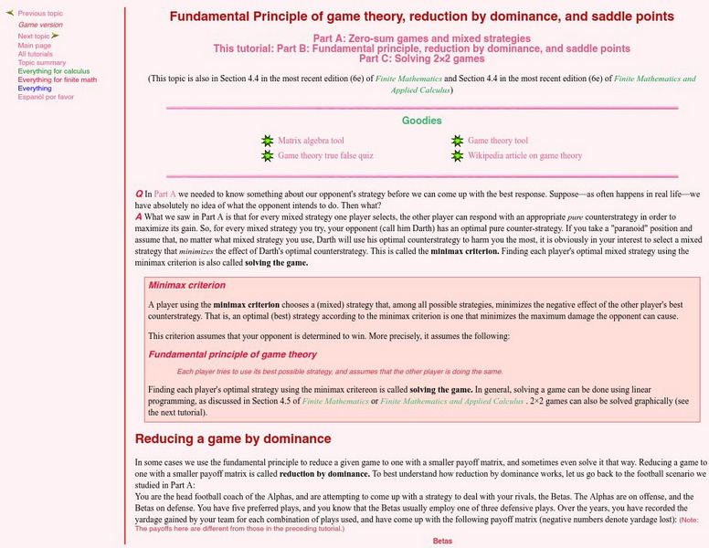 Finite Mathematics & Applied Calculus: Fundamental Principle of Game Theory Activity Finite Mathematics & Applied Calculus: Fundamental Principle of Game Theory Activity