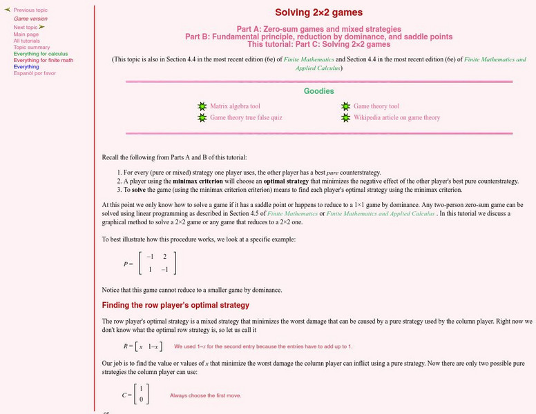Finite Mathematics & Applied Calculus: Solving 2 X 2 Games Activity