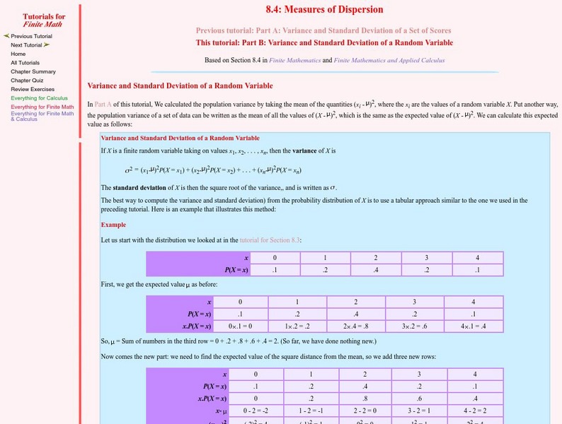 Finite Mathematics & Applied Calculus: Variance and Standard Deviation of a Random Variable Unit Plan Finite Mathematics & Applied Calculus: Variance and Standard Deviation of a Random Variable Unit Plan