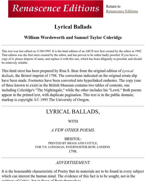 Luminarium: Lyrical Ballads, by William Wordsworth and Samuel Taylor Coleridge eBook Luminarium: Lyrical Ballads, by William Wordsworth and Samuel Taylor Coleridge eBook