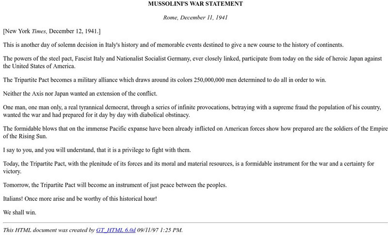 Ibiblio: Mussolini's War Statement Primary Ibiblio: Mussolini's War Statement Primary